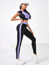 SHEIN Sport Studio طقم رياضي نسائي من بنطلون وبلوزة بأكمام قصيرة مزيّن بالسوست للأمام، سادة اللون ومزركش، بنطال طويل وملابس رياضية كاجوال للصالة الرياضية
