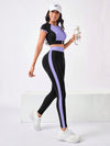 SHEIN Sport Studio طقم رياضي نسائي من بنطلون وبلوزة بأكمام قصيرة مزيّن بالسوست للأمام، سادة اللون ومزركش، بنطال طويل وملابس رياضية كاجوال للصالة الرياضية