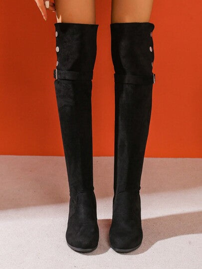 بوت نسائية فوق الركبة ، كعب سميك ، دافئة ، مشبك حزام ، مقدمة مستديرة ، مطاطية ، بوت كعب عالي ، خريف/شتاء