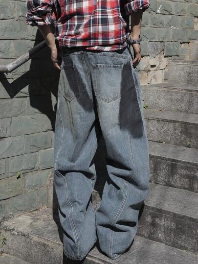 Manfinity EMRG جينز كاجوال مرن واسع مبهت للرجال، بنقشة عادية باللون الأزرق الداكن، جينز واسع مناسب للزوج أو الصديق كهدية