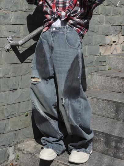 Manfinity EMRG جينز كاجوال مرن واسع مبهت للرجال، بنقشة عادية باللون الأزرق الداكن، جينز واسع مناسب للزوج أو الصديق كهدية