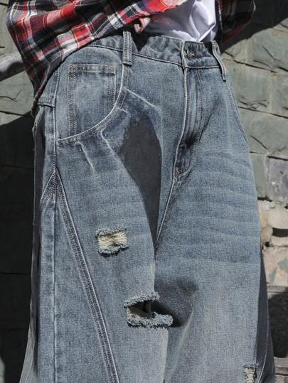 Manfinity EMRG جينز كاجوال مرن واسع مبهت للرجال، بنقشة عادية باللون الأزرق الداكن، جينز واسع مناسب للزوج أو الصديق كهدية