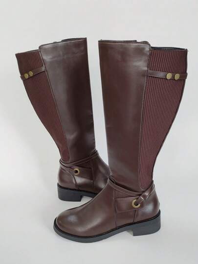 بوت كاحل للنساء من الجلد الصناعي (البولي يوريثان) ، نعل سميك دائري ، مريحة وسهلة الارتداء، سحاب جانبي، بدون تمدد في الساق