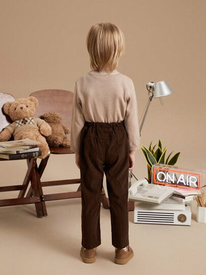 PrepCrw بناطيل شبابية بخصر مطاطي منسوج بطراز الكلية البني، خريف/شتاء