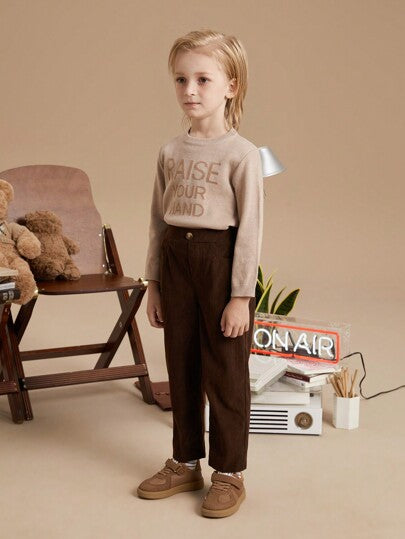 PrepCrw بناطيل شبابية بخصر مطاطي منسوج بطراز الكلية البني، خريف/شتاء