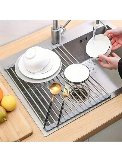قطعة واحدة، رف تجفيف الأطباق القابل للطي على المغسلة من الفولاذ المقاوم للصدأ - رف تصريف المطبخ متعدد الوظائف وقابل للنقل