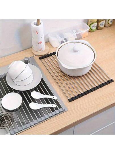 قطعة واحدة، رف تجفيف الأطباق القابل للطي على المغسلة من الفولاذ المقاوم للصدأ - رف تصريف المطبخ متعدد الوظائف وقابل للنقل