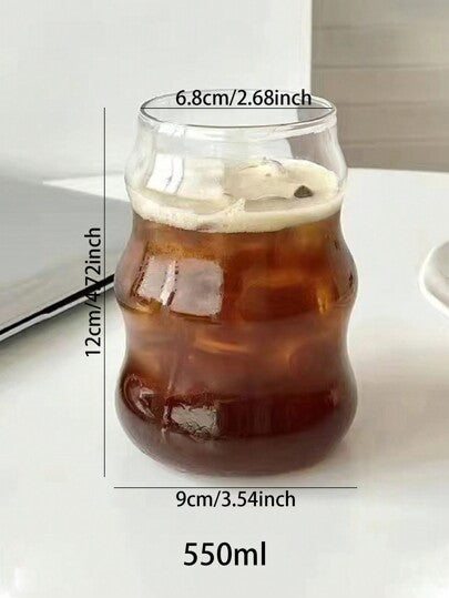 كوب قهوة زجاجي سعة 550مل (بدون قش)، كوب زجاجي شكلة متموج إبداعي، كوب قهوة جمالي، كوب عصير صيفي، كأس مشروبات باردة شفافة، إناء شراب فريد بتصميم بسيط، مثالي لتناول القهوة المثلجة وشاي الحليب والمياه، لاستخدام المنزل والمكتب، هدية رائعة لعيد الأم هدية...