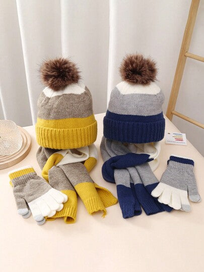 مجموعة دفيئة للأطفال 3 قطع: قبعة مصنوعة، قفازات وأوشحة معدة للشتاء