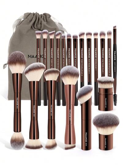 MAANGE مجموعة 20 فرشاة مكياج احترافية، مقبض معدني بغلاف جلد مخمل، فرش أساس وظل العيون والحواجب والخلط والتنوير وكابوكي، شعر نايلون لجميع أنواع البشرة، بدون رائحة، مثالية للاستخدام اليومي والسفر، هدية ديكور مكياج للنساء