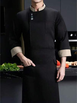 قميص طباخ طويل الأكمام بياقة عمودية من قطن قابل للتنفس ذو لون أحادي مع إغلاق بأزرار وجيب على الصدر، بدلة طباخ مريحة مناسبة للمطاعم، المخابز والتموين