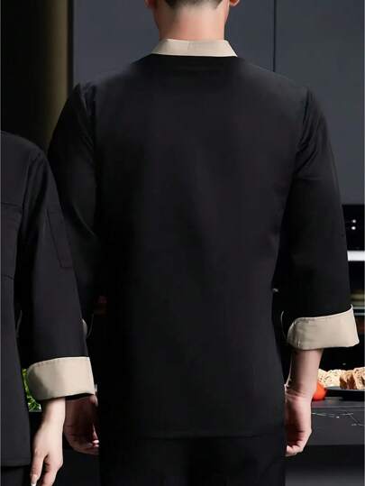 قميص طباخ طويل الأكمام بياقة عمودية من قطن قابل للتنفس ذو لون أحادي مع إغلاق بأزرار وجيب على الصدر، بدلة طباخ مريحة مناسبة للمطاعم، المخابز والتموين