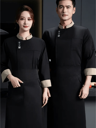 قميص طباخ طويل الأكمام بياقة عمودية من قطن قابل للتنفس ذو لون أحادي مع إغلاق بأزرار وجيب على الصدر، بدلة طباخ مريحة مناسبة للمطاعم، المخابز والتموين