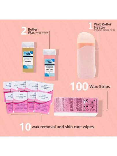 طقم إزالة الشعر بالشمع للنساء والرجال - طقم أسطوانة شمع مع سخان الشمع ، 2 خرطوشة شمع ، 100 شريط شمع ، و 10 منشفة مطهرة مرطبة للاستخدام المنزلي