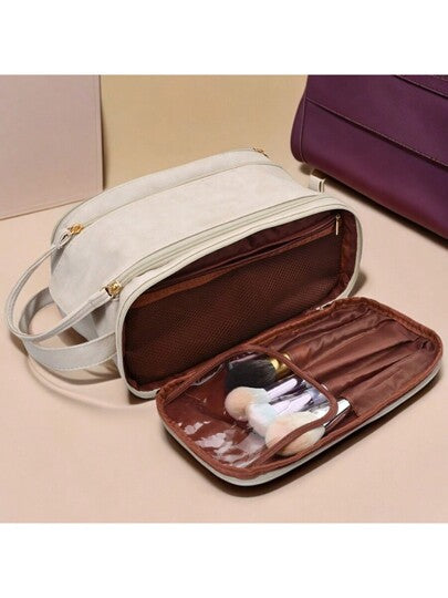 قطعة واحدة حقيبة حمام سفر ذات 3 طبقات ، حقيبة منظم مكياج سعة كبيرة ، حقيبة تخزين متعددة الوظائف بطراز أوروبي عتيق ، حقيبة مستحضرات تجميل ذات تقسيمات متعددة وسحاب مزدوج ، حقيبة فرش مكياج محمولة عالية الجودة ، حقيبة تخزين حمام مائي لمستحضرات العناية...