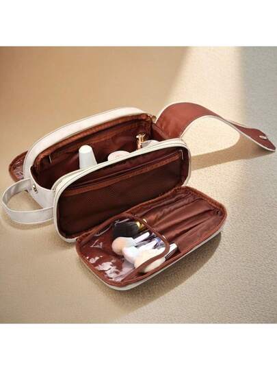 قطعة واحدة حقيبة حمام سفر ذات 3 طبقات ، حقيبة منظم مكياج سعة كبيرة ، حقيبة تخزين متعددة الوظائف بطراز أوروبي عتيق ، حقيبة مستحضرات تجميل ذات تقسيمات متعددة وسحاب مزدوج ، حقيبة فرش مكياج محمولة عالية الجودة ، حقيبة تخزين حمام مائي لمستحضرات العناية...