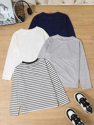 SHEIN 4 قطع مجموعة ملابس للأولاد، قمصان بأكمام طويلة بنمط مخطط أشبه بالفارس، ملابس أطفال مراهقين، بدلات رياضية، بيجامات، هدايا ملء جوارب عيد الميلاد، جاكيت، جاكيت صوفية، بنطلون