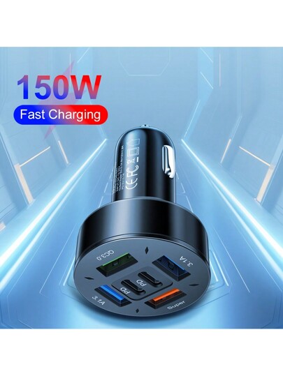 شاحن سيارة متعدد الوظائف 150 واط 6 منافذ شحن سريع عالمي، 4 منافذ USB و2 منافذ شحن سريع PD، متوافق مع أجهزة 16 15 Pro Max 14 Plus 13 12 11، اكسسوارات السيارة
