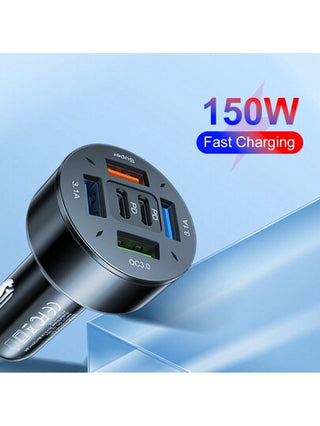 شاحن سيارة متعدد الوظائف 150 واط 6 منافذ شحن سريع عالمي، 4 منافذ USB و2 منافذ شحن سريع PD، متوافق مع أجهزة 16 15 Pro Max 14 Plus 13 12 11، اكسسوارات السيارة