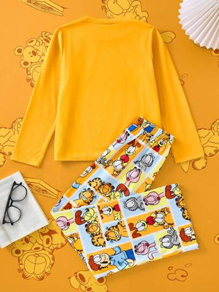 بيجاما GARFIELD X مجموعة من قطعتين للبيجامة للفتيات البالغات، تشمل تي شيرت أكمام طويلة برقبة دائرية وسراويل مناسبة للراحة مطبوعة بطراز رقيق ومحبب ومضاد للحريق
