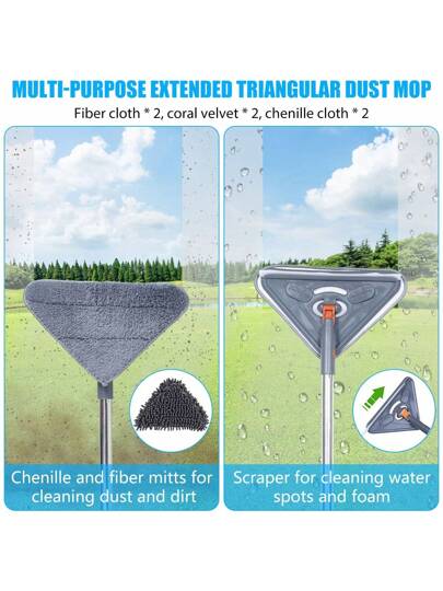 مجموعة واحدة من ممسحة الحائط مقاس 82 بوصة مع مقبض طويل لتنظيف الحائط مع عمود تمديد 39.8-82 بوصة وممسحة تنظيف الحائط تدور 360 درجة ومجموعة ممسحة مثلثة للجدران والسقف وقاعدة النافذة وممسحة السقف وممسحة غسيل الحائط