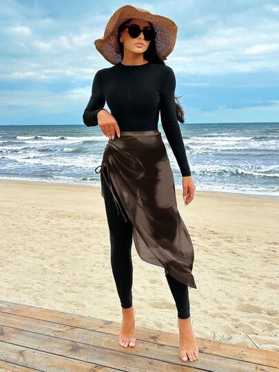 Swim Shayni مجموعة من فستان سباحة وتنورة بأكمام طويلة وياقة مستديرة وجودة ضيقة، ملابس صيفية عادية متناسقة للسيدات الملابس العربية