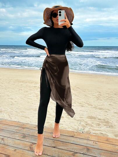 Swim Shayni مجموعة من فستان سباحة وتنورة بأكمام طويلة وياقة مستديرة وجودة ضيقة، ملابس صيفية عادية متناسقة للسيدات الملابس العربية