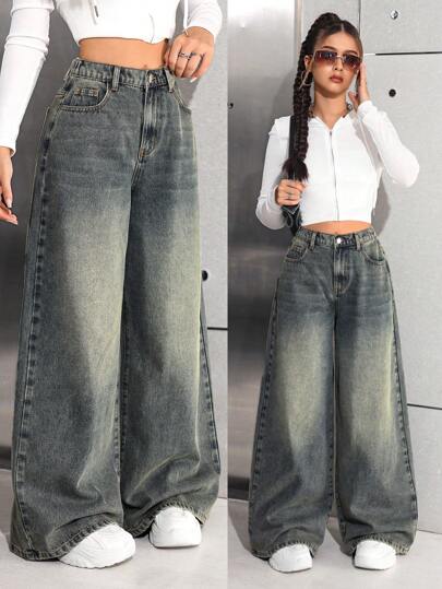SHEIN بنطلون جينز واسع الساق فضفاض لفتيات المراهقات بطراز بانكي رجعي من عام 2000 ، ملابس شتوية لفتيات ملابس الشارع