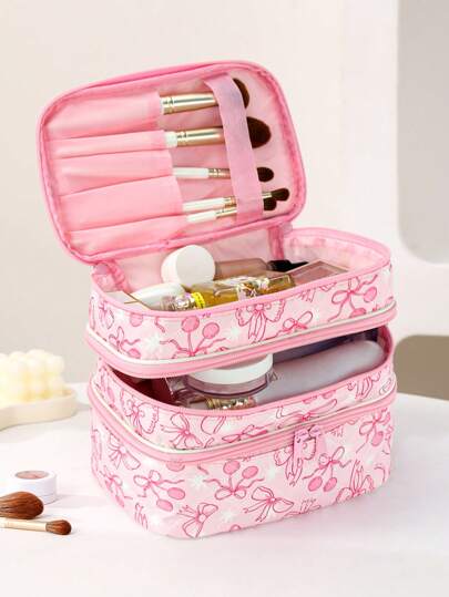 Ashley Baxter رمضان حقيبة مستحضرات تجميل بشكل مربع ذات 3 طبقات بتصميم أنيق كاواييي لتخزين، بطريقة القوس والكرز، مناسبة للعطلات، رأس السنة والعيد