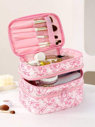 Ashley Baxter رمضان حقيبة مستحضرات تجميل بشكل مربع ذات 3 طبقات بتصميم أنيق كاواييي لتخزين، بطريقة القوس والكرز، مناسبة للعطلات، رأس السنة والعيد