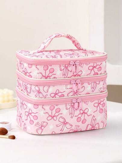 Ashley Baxter رمضان حقيبة مستحضرات تجميل بشكل مربع ذات 3 طبقات بتصميم أنيق كاواييي لتخزين، بطريقة القوس والكرز، مناسبة للعطلات، رأس السنة والعيد