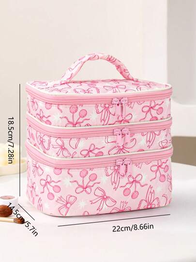 Ashley Baxter رمضان حقيبة مستحضرات تجميل بشكل مربع ذات 3 طبقات بتصميم أنيق كاواييي لتخزين، بطريقة القوس والكرز، مناسبة للعطلات، رأس السنة والعيد