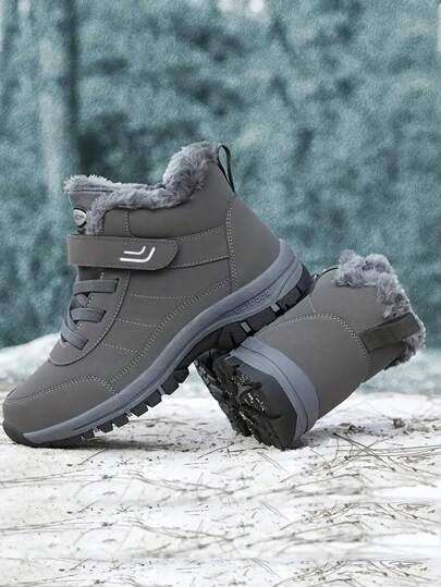 زوج من بوت الثلج الرجالية المبطنة حراريًا، جديدة لشتاء 2024 - دافئة، مانعة للانزلاق، بوت شتوية كاجوال، مناسبة للمتوسطي العمر والسن الكبير، بوت شتوية رمادية عالية الكاحل
