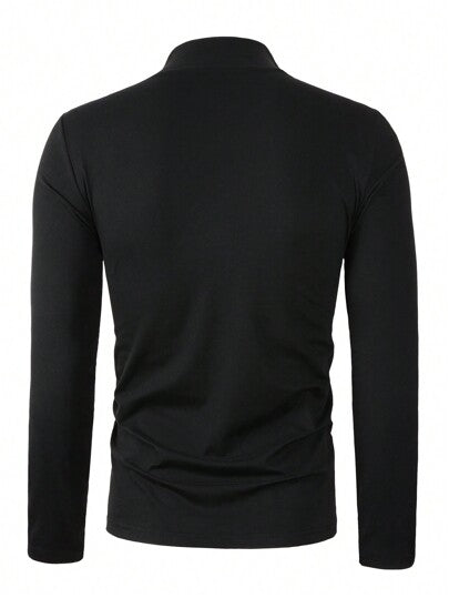 Manfinity Homme تي شيرت من البوليستر طباعة حرف بياقة عالية أكمام طويلة للرجال، طراز بسيط، صالح للارتداء اليومي العادي وللخروج، مناسب للزوج