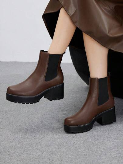 CUCCOO BIZCHIC بوت الكاحل تشيلسي ذات النعل السميك والأصابع المستديرة باللون البني، إطلالة أنيقة للاستخدام اليومي الكاجوال، أو المناسبات والإجازات مثل عيد الميلاد ورأس السنة الجديدة