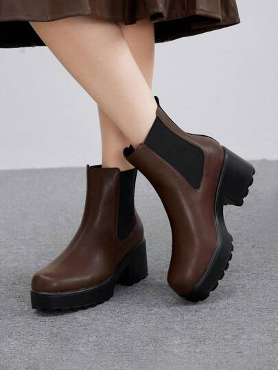 CUCCOO BIZCHIC بوت الكاحل تشيلسي ذات النعل السميك والأصابع المستديرة باللون البني، إطلالة أنيقة للاستخدام اليومي الكاجوال، أو المناسبات والإجازات مثل عيد الميلاد ورأس السنة الجديدة