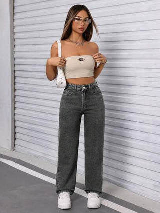 PETITE سراويل جينز نسائية مستقيمة واسعة مريحة ذات جيوب