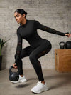 SHEIN Sport Studio مجموعة رياضية للنساء تتكون من ملابس علوية طويلة الأكمام رقبة عالية من شبك متباين بتصميم بسيط، وبنطلون رياضي لياقة بدنية ومجموعة سروال رياضي نسائي