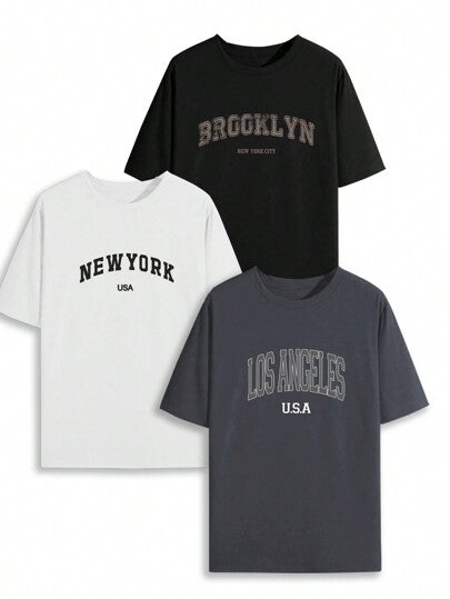 3قطع من مجموعة تي شيرت كاجوال رجالي بأكمام قصيرة مناسب للجميع بقصة فضفاضة