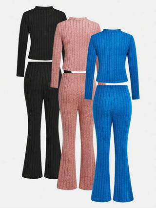 girls-sets طقم تي شيرت رقبة دائرية وبنطال طويل كاجوال أساسي للفتيات المراهقات