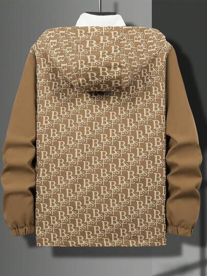 Manfinity Homme معطف رجالي بسوستة وغطاء رأس مفتوح، قصة فضفاضة، مزخرف بطباعة الحرف