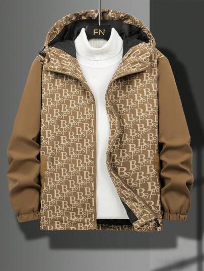 Manfinity Homme معطف رجالي بسوستة وغطاء رأس مفتوح، قصة فضفاضة، مزخرف بطباعة الحرف