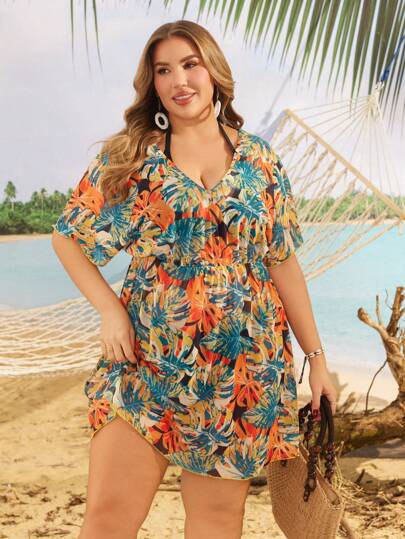 Swim Lushoire فستان بأكمام قصيرة وياقة على شكل V مزين بطبعات الورود الاستوائية للمقاسات الكبيرة مع غطاء للصيف