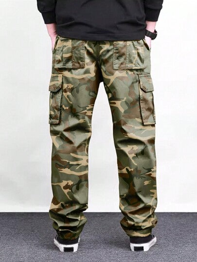 Manfinity Homme بنطلون رجالي واسع سترايت لِيغ كازوال جيوب كارجو كموفلاجي