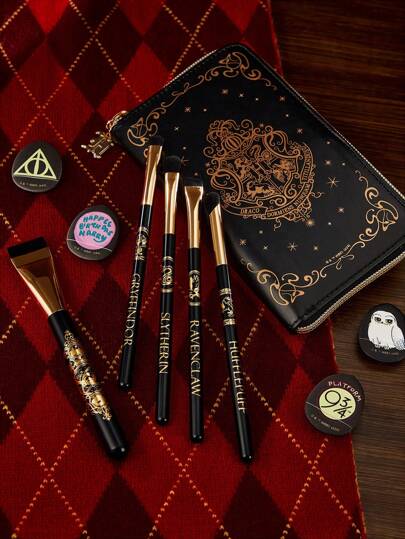 HARRY POTTER X SHEIN مجموعة 5 فرش مع 4 إسفنجات مكياج بشعار هوغوارتس، مجموعة فرش مكياج كاملة (مع حقيبة)، هدايا