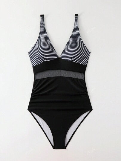 مايوه حريمي قطعة واحدة ملابس السباحة الجديدة الكاجوال ذات القطعة الواحدة للصيف، مصممة بطباعة الكتل اللونية مع تزيين شبكي في المنتصف، بكيني شاطئي جذاب، رقبة على شكل حرف V ظهر مفتوح أربطة سميكة قابلة للتعديل ملابس سباحة مخصرة للسيدات