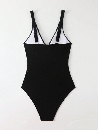 مايوه حريمي قطعة واحدة ملابس السباحة الجديدة الكاجوال ذات القطعة الواحدة للصيف، مصممة بطباعة الكتل اللونية مع تزيين شبكي في المنتصف، بكيني شاطئي جذاب، رقبة على شكل حرف V ظهر مفتوح أربطة سميكة قابلة للتعديل ملابس سباحة مخصرة للسيدات