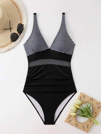 مايوه حريمي قطعة واحدة ملابس السباحة الجديدة الكاجوال ذات القطعة الواحدة للصيف، مصممة بطباعة الكتل اللونية مع تزيين شبكي في المنتصف، بكيني شاطئي جذاب، رقبة على شكل حرف V ظهر مفتوح أربطة سميكة قابلة للتعديل ملابس سباحة مخصرة للسيدات