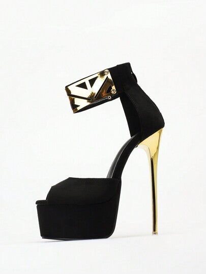 أحذية حزب من الكعب العالي بلمسات إكسسوارية للنساء، بمقدمة مفتوحة، بمنصة عالية اللمعة الذهبية بطول 16 سم، أحذية كعب مثيرة