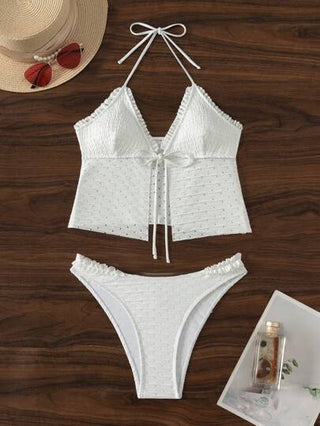 طقم تانكيني حريمي Swim Mod مجموعة ملابس سباحة نسائية بتصميم هولو مطرز بكشكشة، توب كامي، للصيف والشاطئ